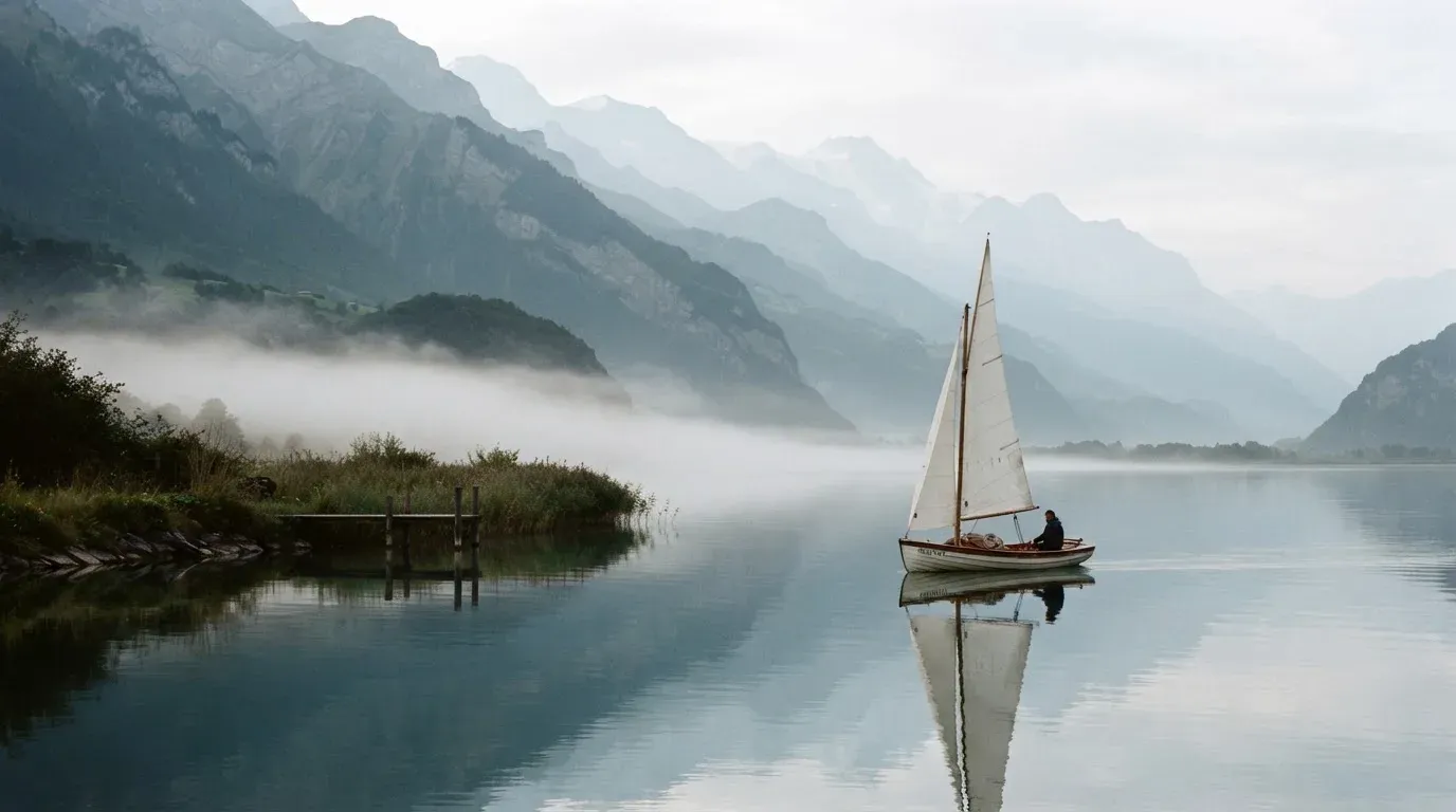 Ein kleines Segelboot auf einem ruhigen Bergsee, Nebel liegt am Ufer, die Berge verschwinden im Dunst