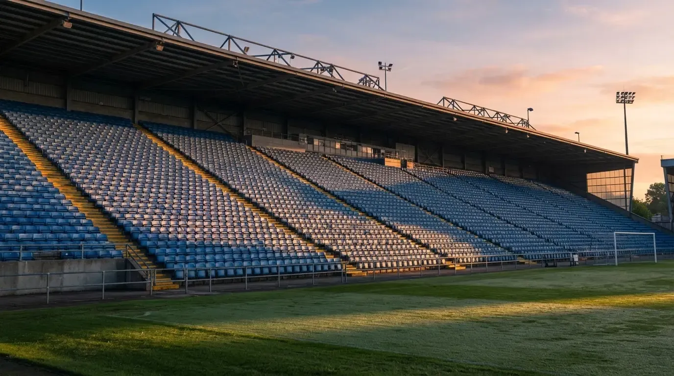 Eine leere Stadiontribüne bei Sonnenaufgang aus der Ferne, lange Schatten fallen über die Sitzreihen