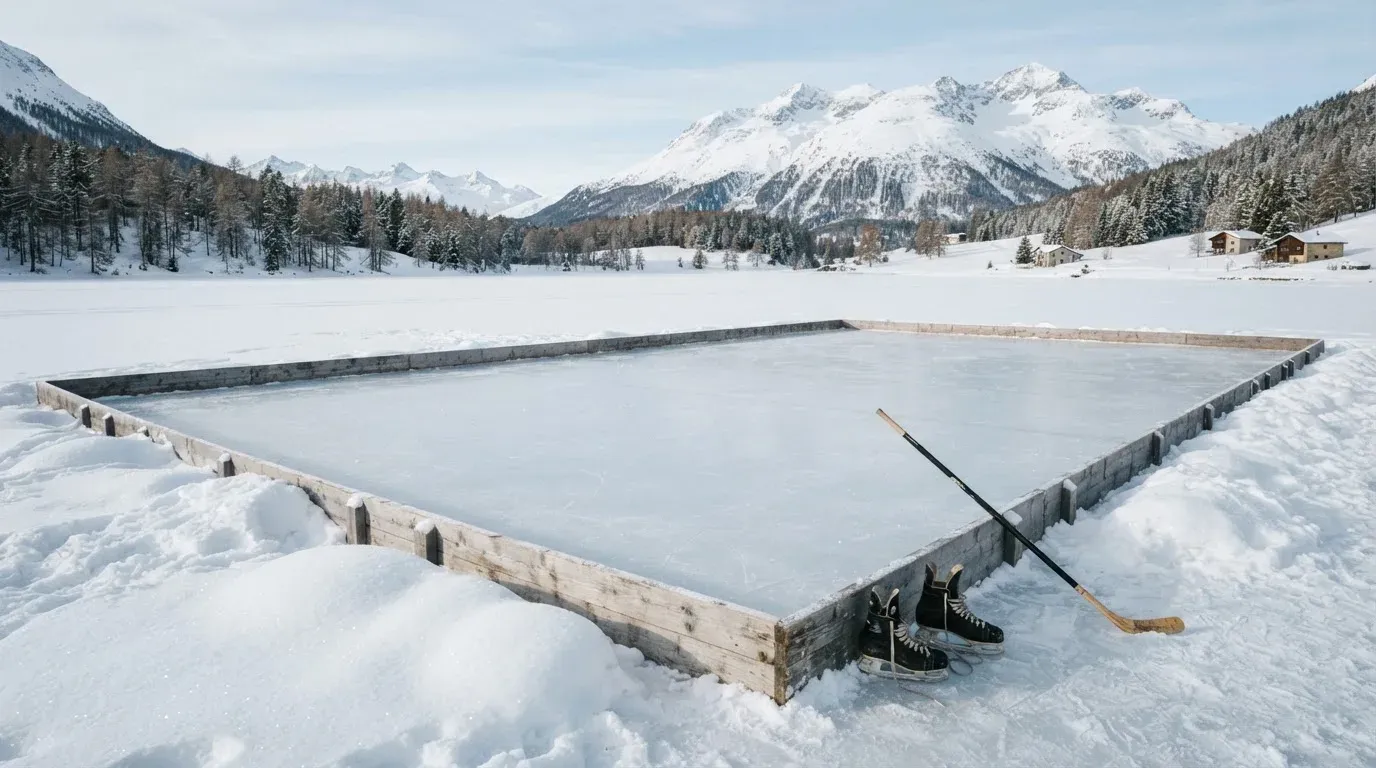Ein Eishockeyfeld im Freien auf einem zugefrorenen See, Schneewehen an den Banden, klare Winterluft