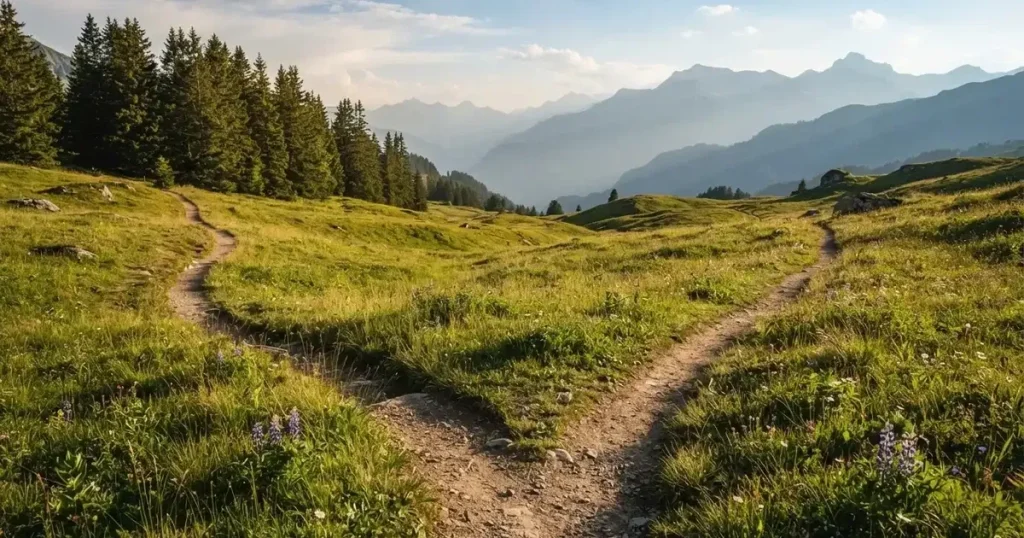 Zwei Wanderwege gabeln sich auf einer Wiese, dahinter steht eine Bergkette im Dunst