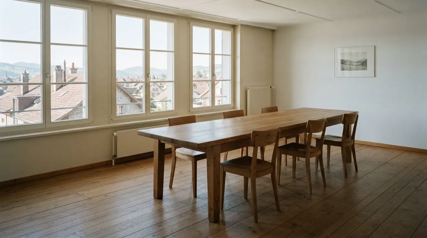 Ein langer Holztisch mit leeren Stühlen in einem hellen Raum, die Fenster geben den Blick auf Dächer frei