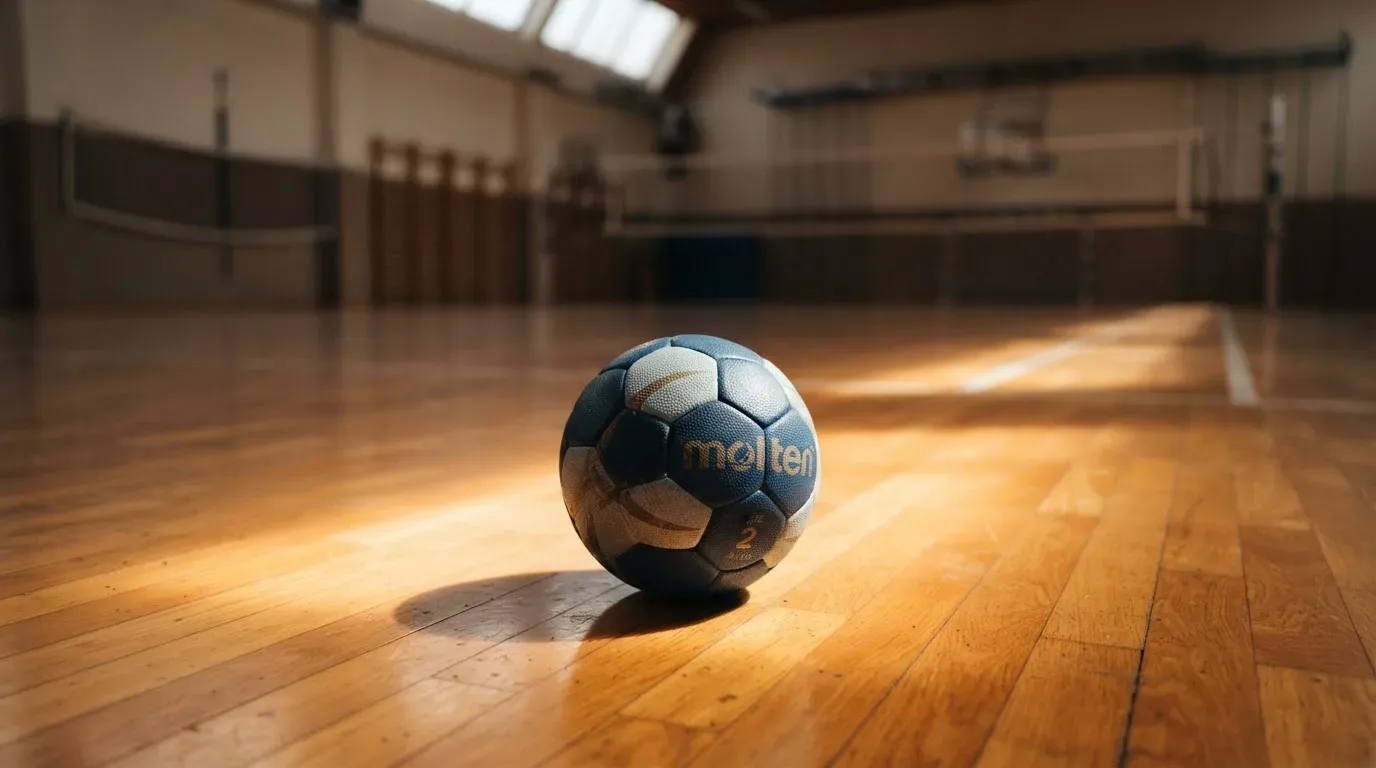 Ein Handball liegt auf dem Hallenboden einer leeren Sporthalle, Streifen von Licht aus den Oberlichtern
