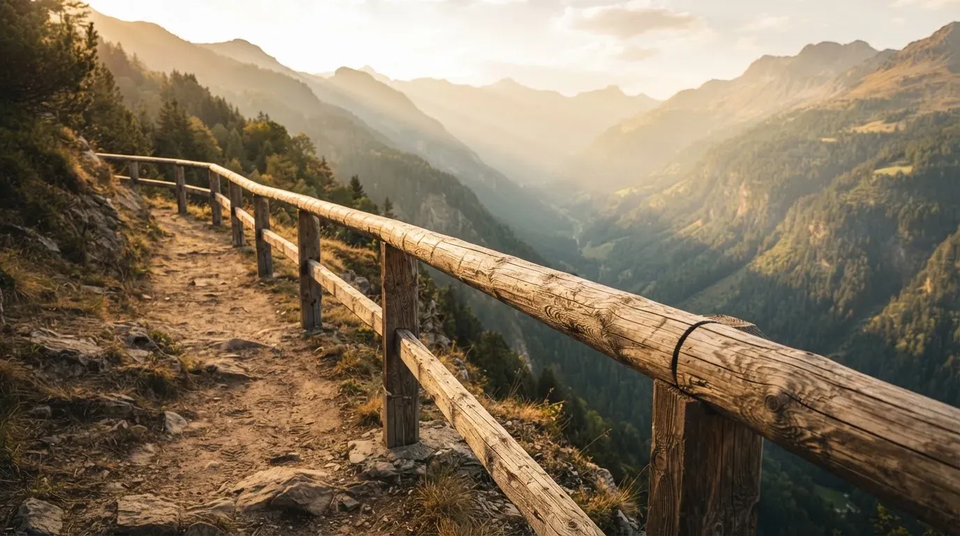 Ein stabiles Holzgeländer am Rand eines Wanderwegs über einer Schlucht, Gegenlicht über den Hängen