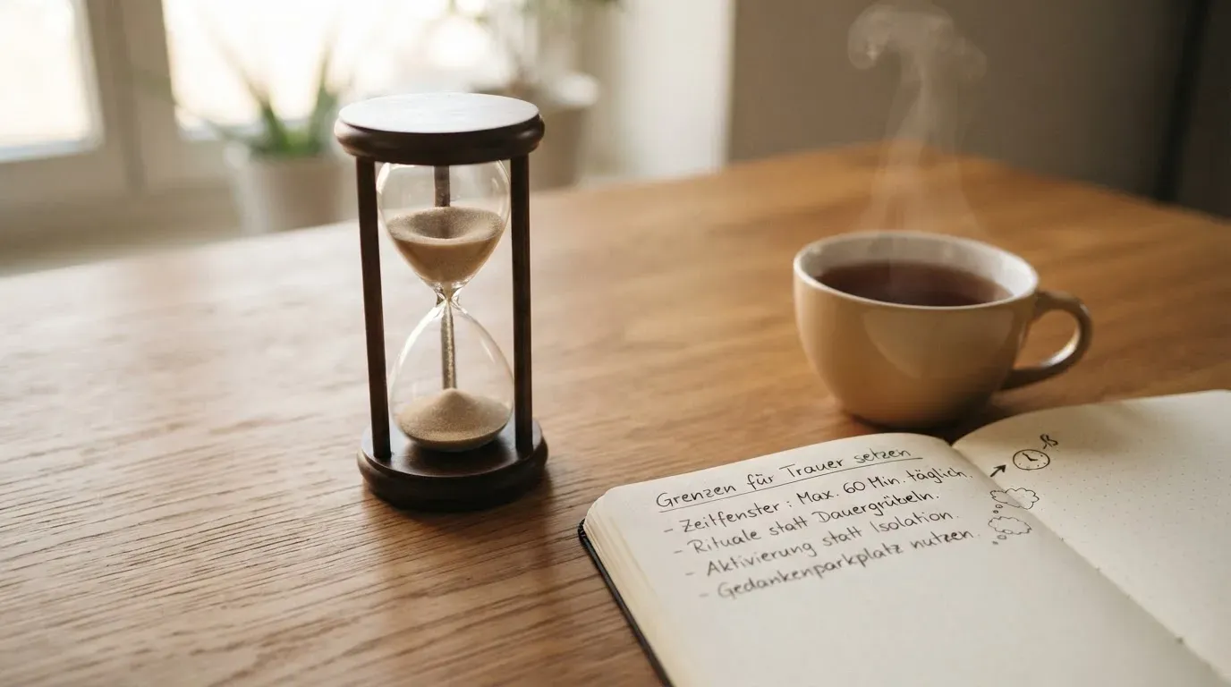 Eine Sanduhr steht neben einem Notizbuch mit handschriftlichen Notizen auf einem Holztisch, daneben dampft eine Tasse Tee.