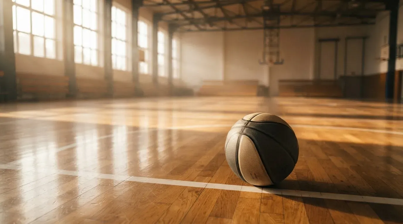 Ein Basketball ruht auf dem polierten Parkett einer leeren Halle, Nachmittagslicht fällt durch hohe Fenster.