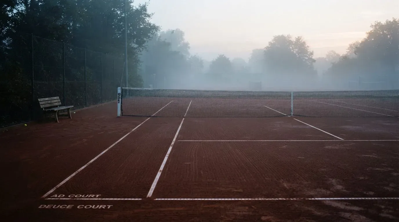Ein gepflegter Tennisplatz im Morgengrauen, über der Grundlinie hängt leichter Nebel und die Bänke am Rand sind leer.