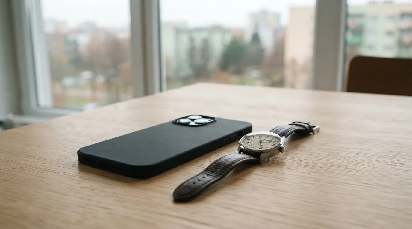 Ein Smartphone liegt mit dem Display nach unten auf einem Tisch neben einer Armbanduhr, im Hintergrund ein unscharfes Fenster.