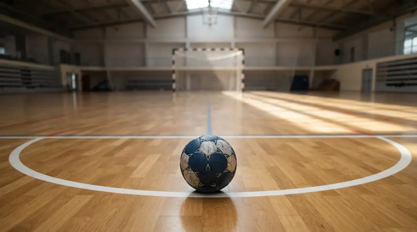 Ein Handball liegt am Rand des Torraums in einer leeren Sporthalle, Licht fällt durch Oberlichter auf den Hallenboden.