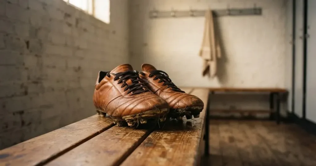 Zwei Fussballschuhe stehen nebeneinander auf einer Holzbank in einer leeren Umkleidekabine.