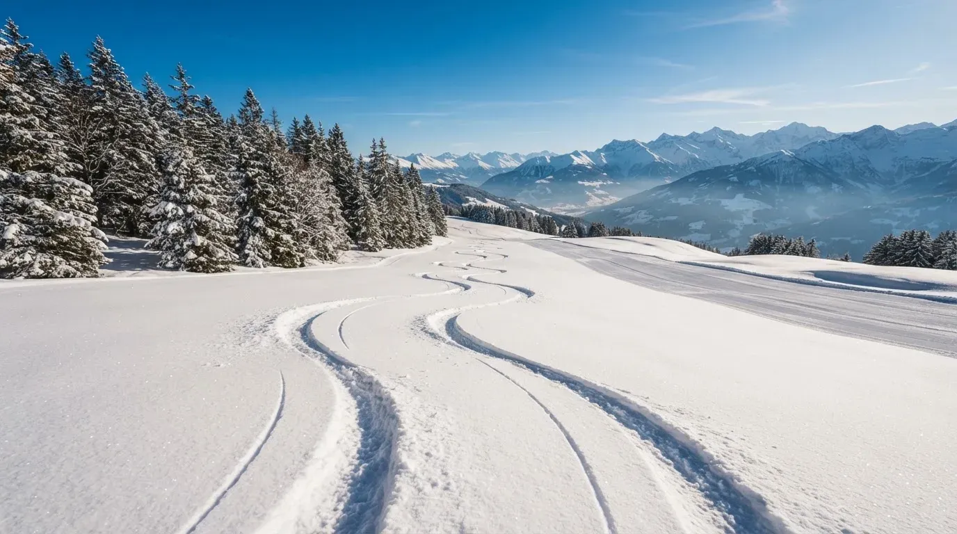 Ein Skihang mit frischen Spuren im Neuschnee unter blauem Himmel, am Rand stehen verschneite Tannen.