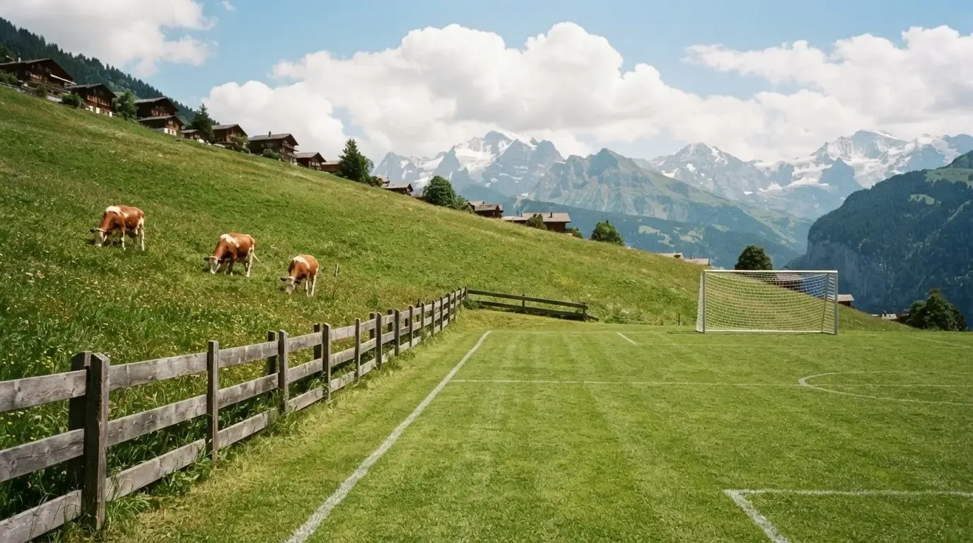 Ein Dorffussballplatz mit Holzzaun am Hang, dahinter grasen Kühe auf einer Weide unter hohen Wolken.
