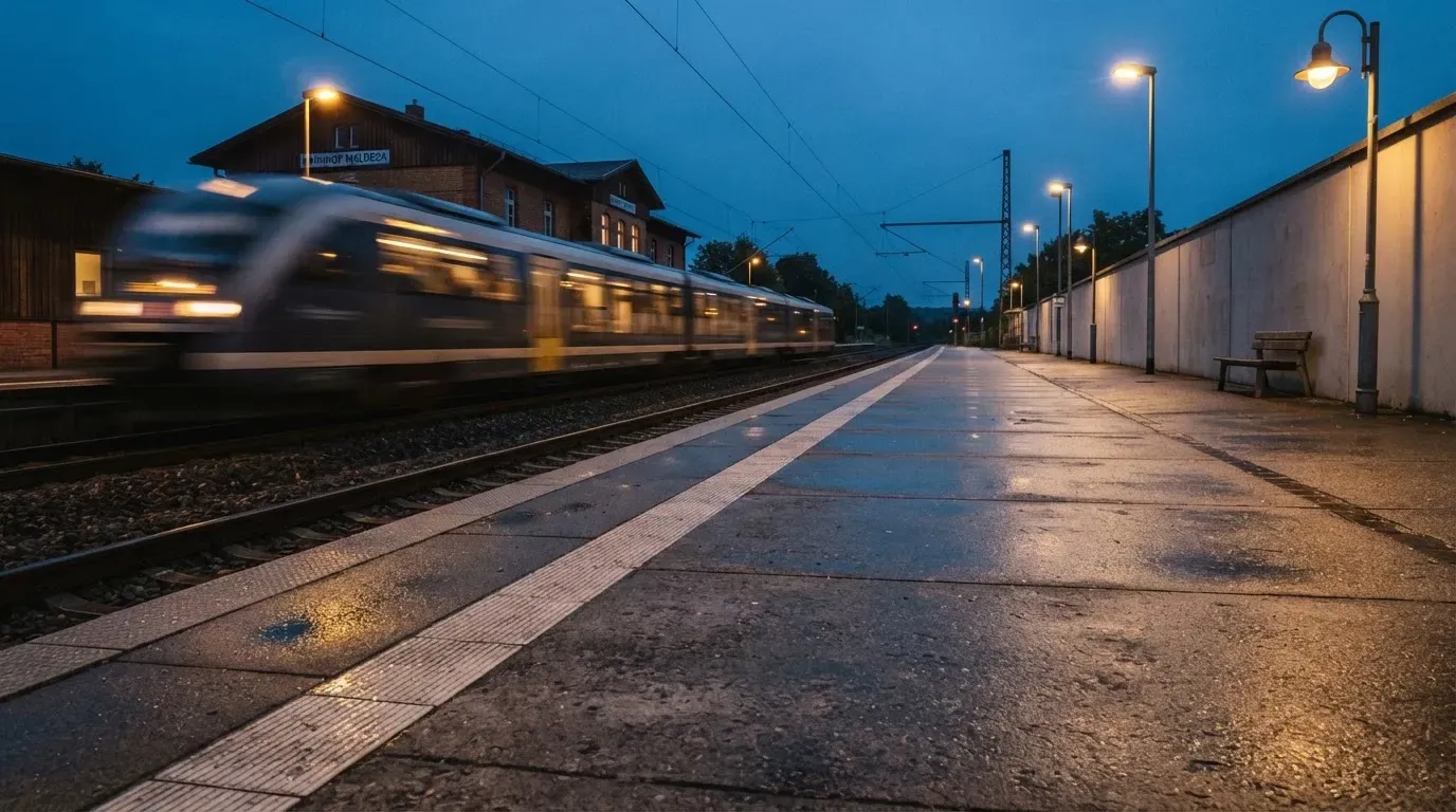 Ein Bahnsteig in der Abenddämmerung, ein Regionalzug fährt unscharf ein und Lichter spiegeln sich auf dem nassen Beton.