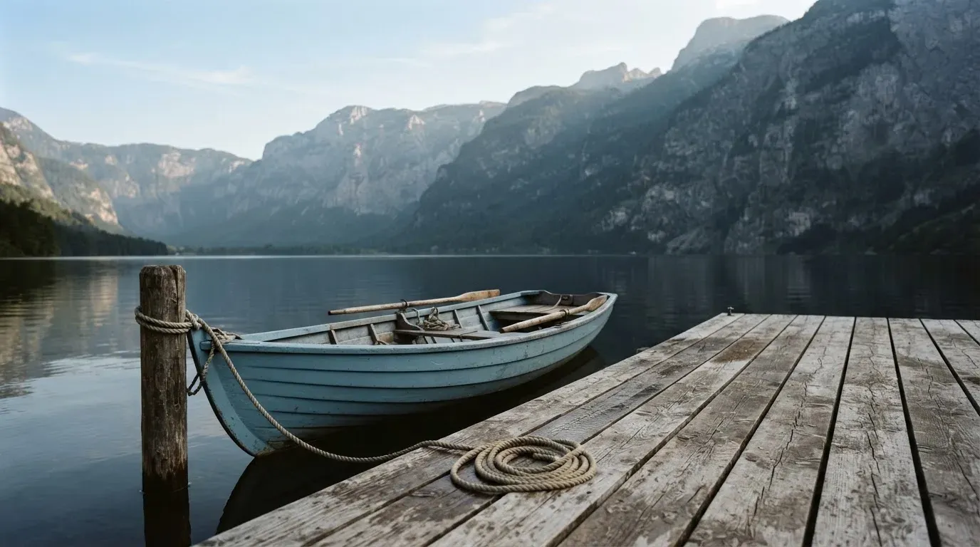 Ein schmales Ruderboot liegt an einem hölzernen Steg an einem Bergsee, dahinter steigen steile Felswände auf.
