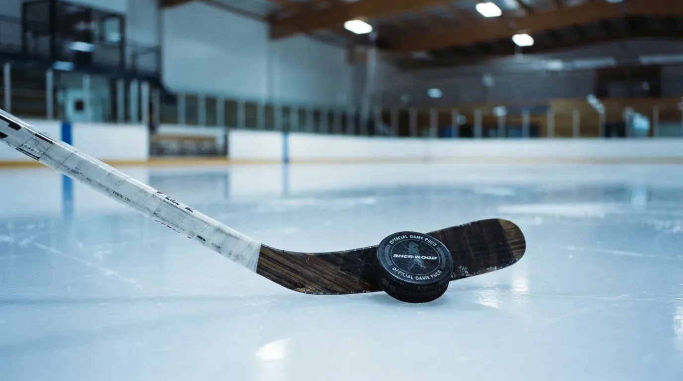 Ein Eishockeypuck und ein Schläger liegen auf einer glänzenden Eisfläche, im Hintergrund verschwimmen leere Banden.