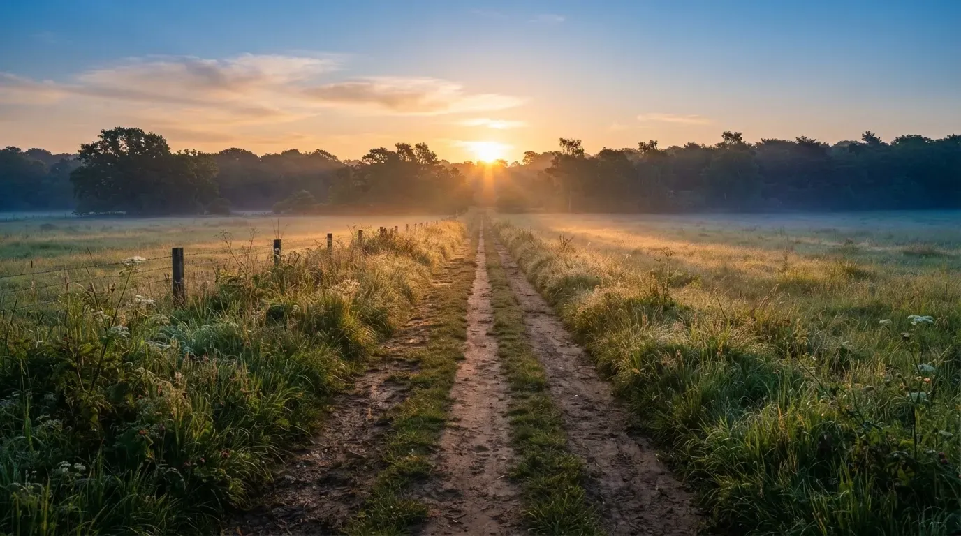 Ein Feldweg führt bei Sonnenaufgang zwischen Wiesen auf ein Waldstück zu.