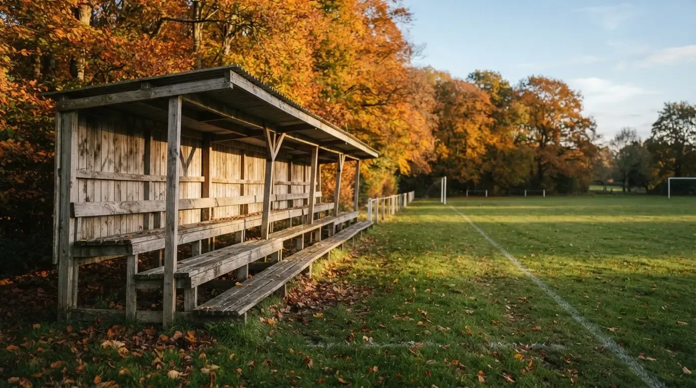 Eine leere Holztribüne steht am Waldrand neben einem kleinen Sportplatz im Herbstlicht.