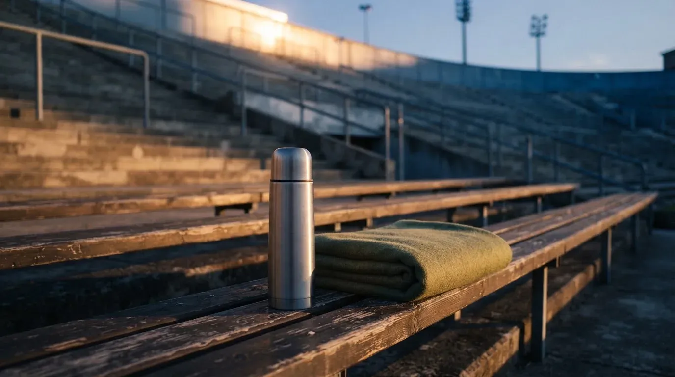 Eine Thermoskanne und eine zusammengelegte Wolldecke stehen auf einer leeren Stadionbank, die Sonne geht hinter den Rängen unter.