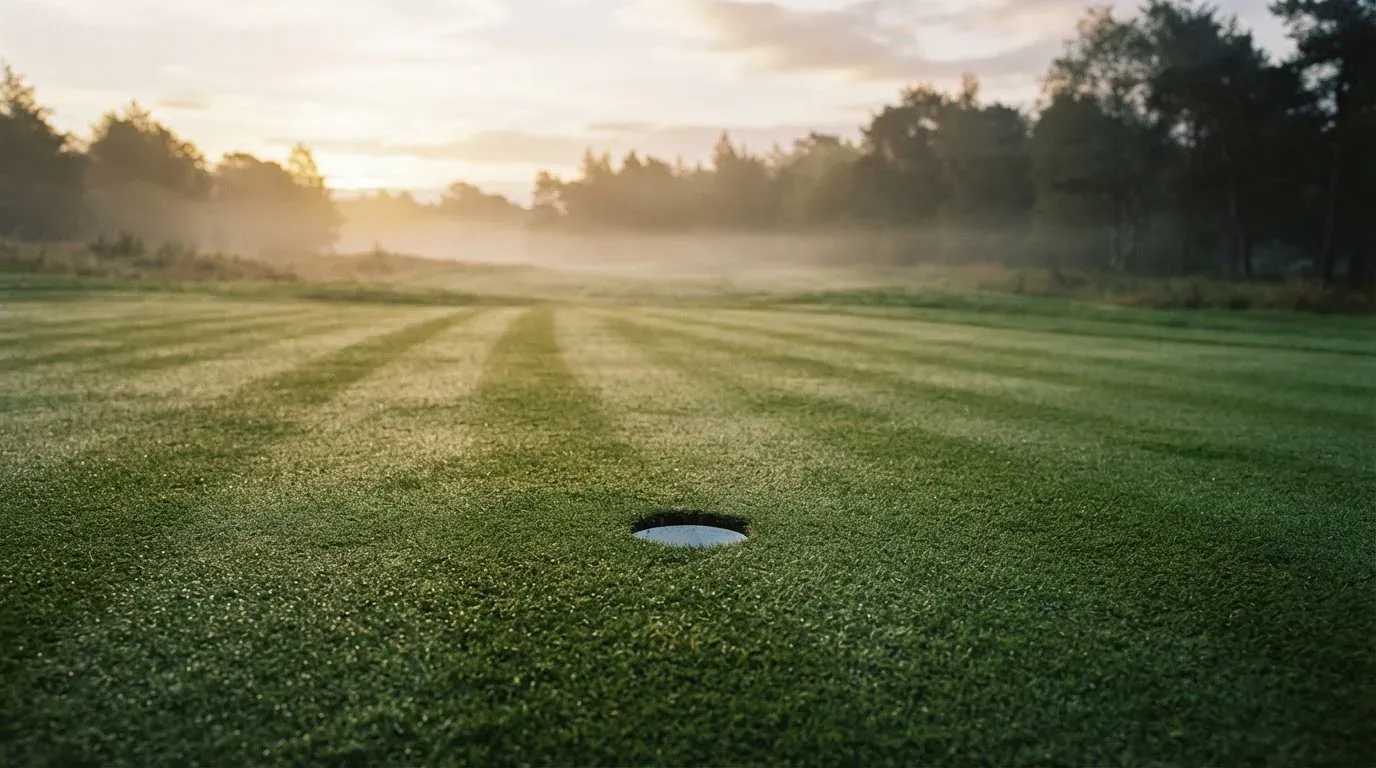 Ein Golfgrün bei Sonnenaufgang mit Tau auf dem Rasen, die Fahnenstange fehlt und im Hintergrund ziehen Nebelschwaden.