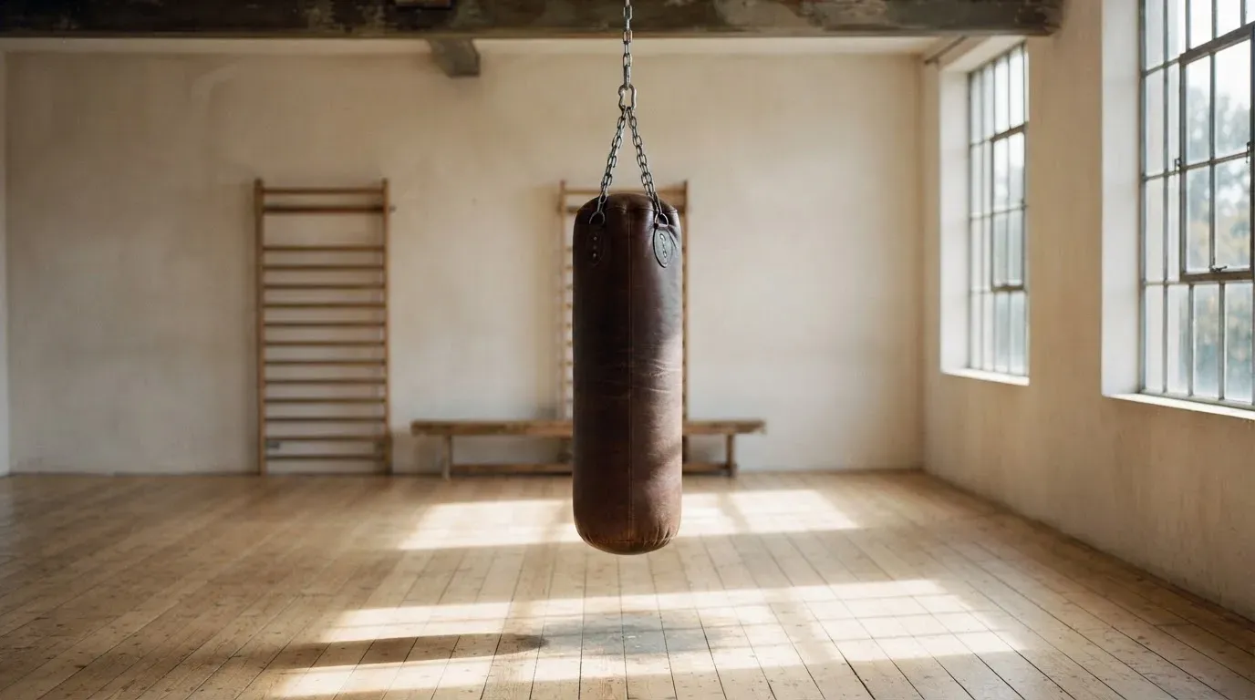 Ein Boxsack hängt an einer Kette in einem leeren Trainingsraum mit hellem Holzboden und grossen Fenstern.