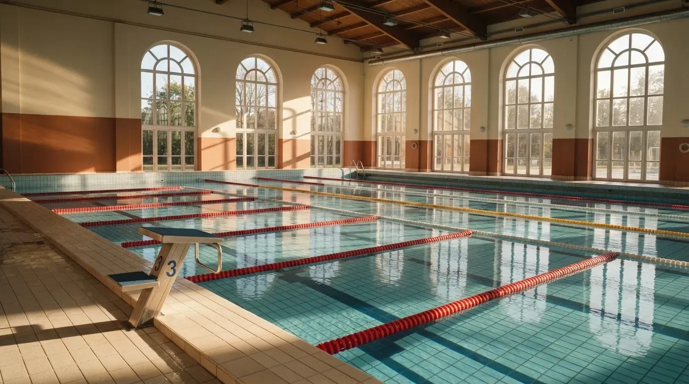 Eine ruhige Schwimmhalle mit glattem Wasser im Becken und gespannten Bahnleinen, Licht fällt durch hohe Fenster.
