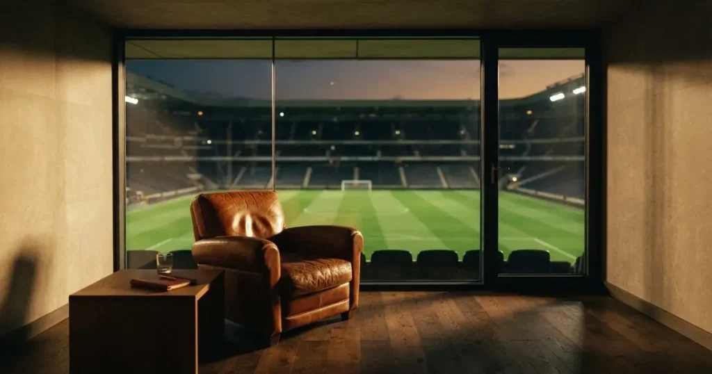 Ein leerer Ledersessel steht in einer Stadionloge mit Blick auf das Spielfeld im Abendlicht.
