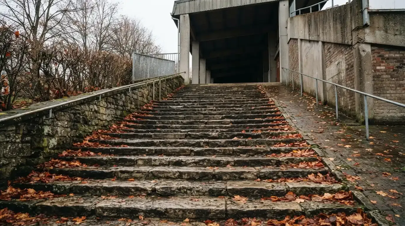 Eine breite Steintreppe führt zum Eingang einer Tribüne, Herbstlaub liegt auf den Stufen.