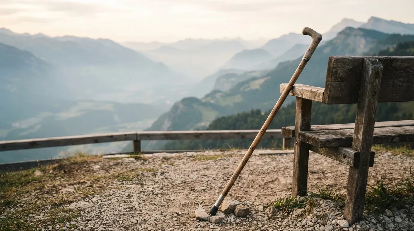 Ein Wanderstock lehnt an einer Holzbank auf einem Aussichtspunkt, dahinter breitet sich ein Tal im Dunst aus.