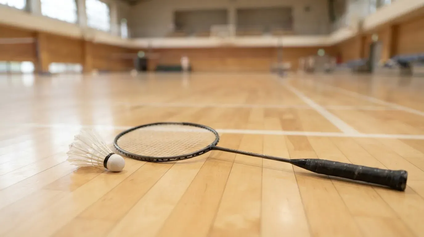 Ein Badmintonschläger liegt neben einem Federball auf dem hellen Hallenboden eines leeren Spielfelds.
