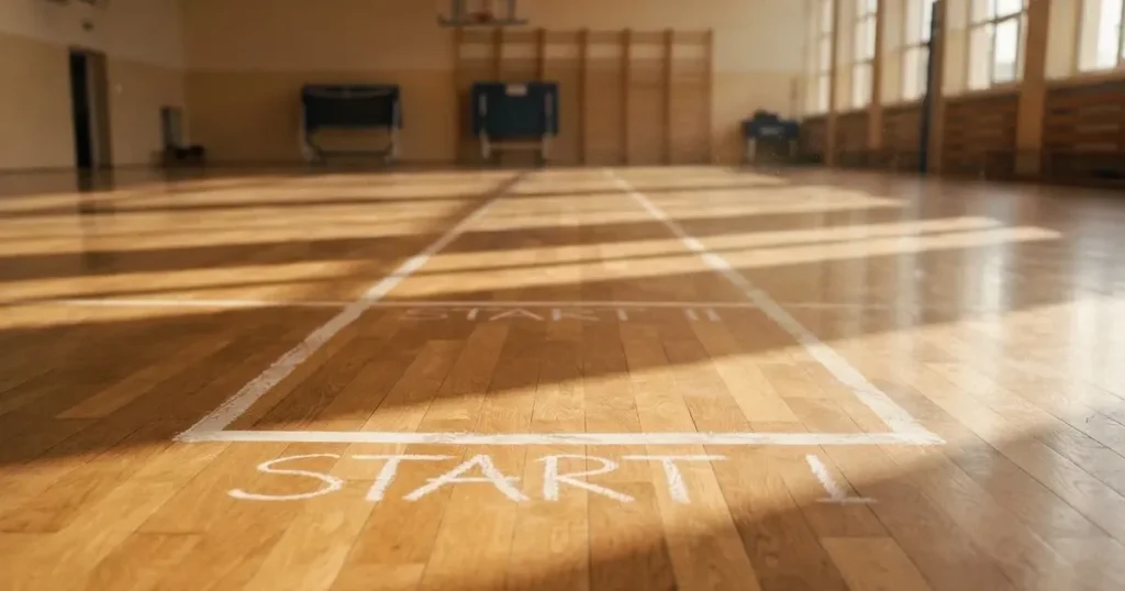 Zwei versetzte Startlinien aus Kreide auf dem Boden einer leeren Sporthalle, das Licht fällt schräg von der Seite.