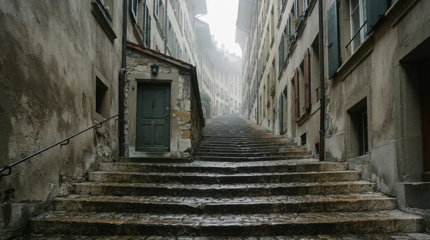 Eine breite Sandsteintreppe in einer Berner Altstadtgasse am frühen Morgen, niemand zu sehen, weiches Licht und leichter Nebel.