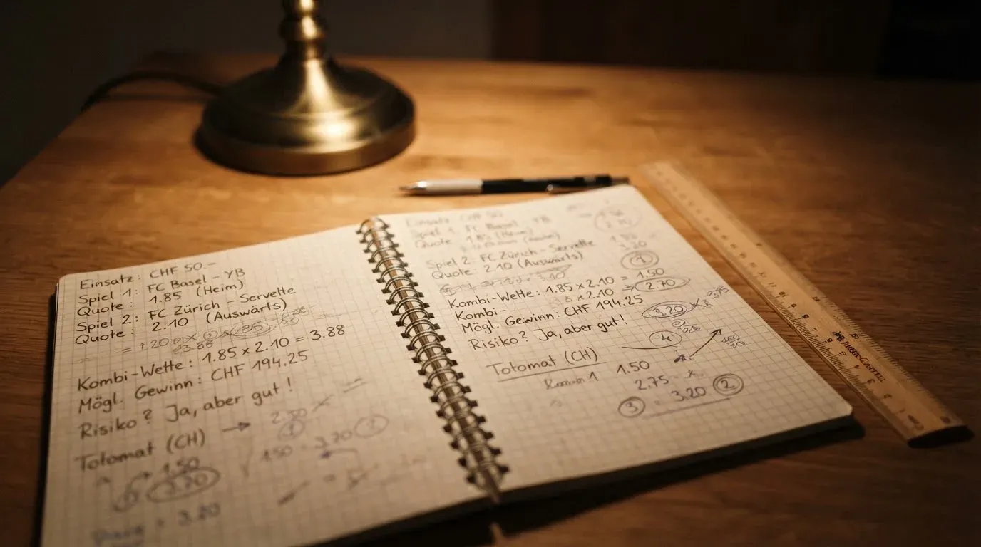 Eine Schreibtischlampe beleuchtet ein kariertes Heft mit handschriftlichen Skizzen, daneben liegt ein Lineal aus Holz.