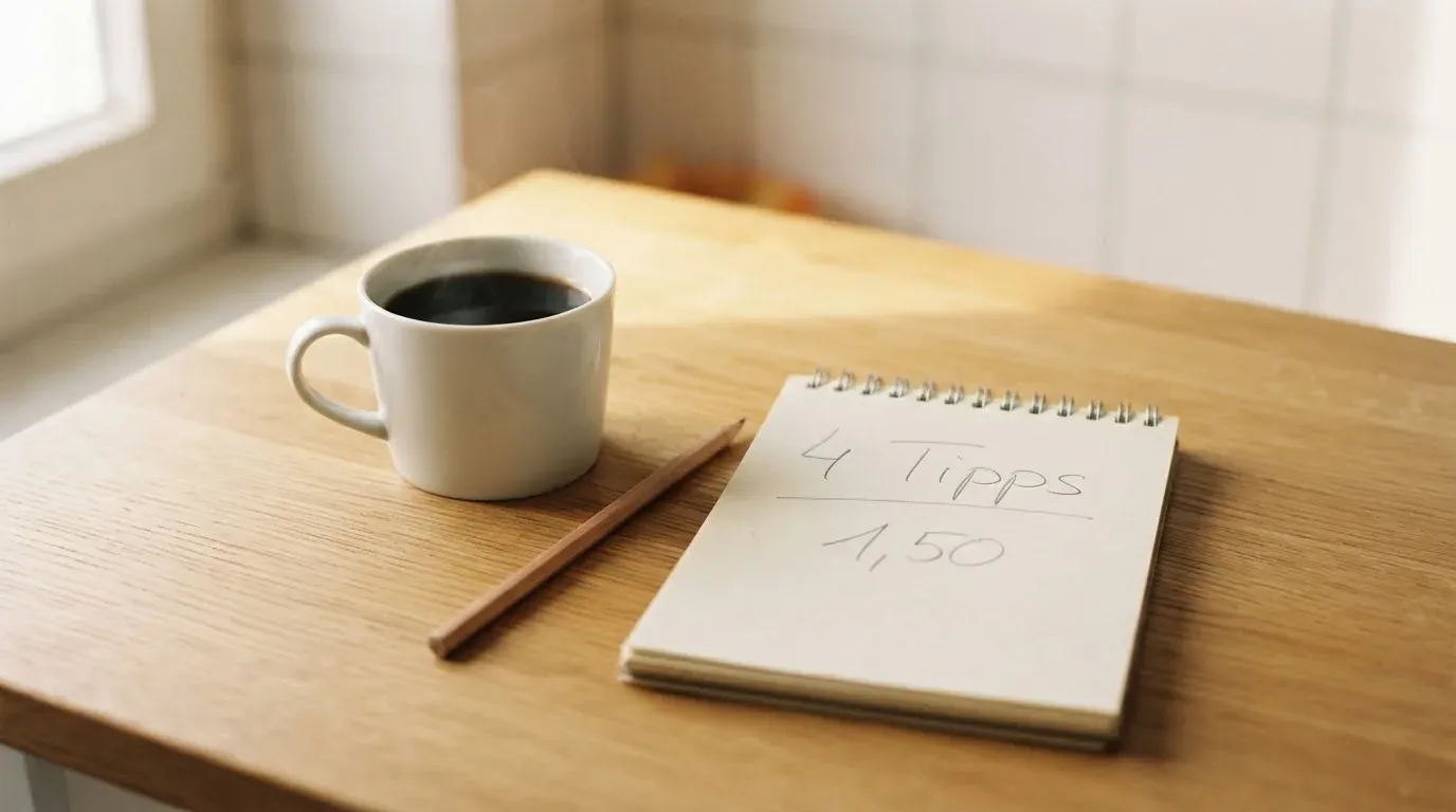 Eine Tasse Kaffee und ein Bleistift liegen auf einem sonnenbeschienenen Küchentisch neben einem leeren Notizblock.
