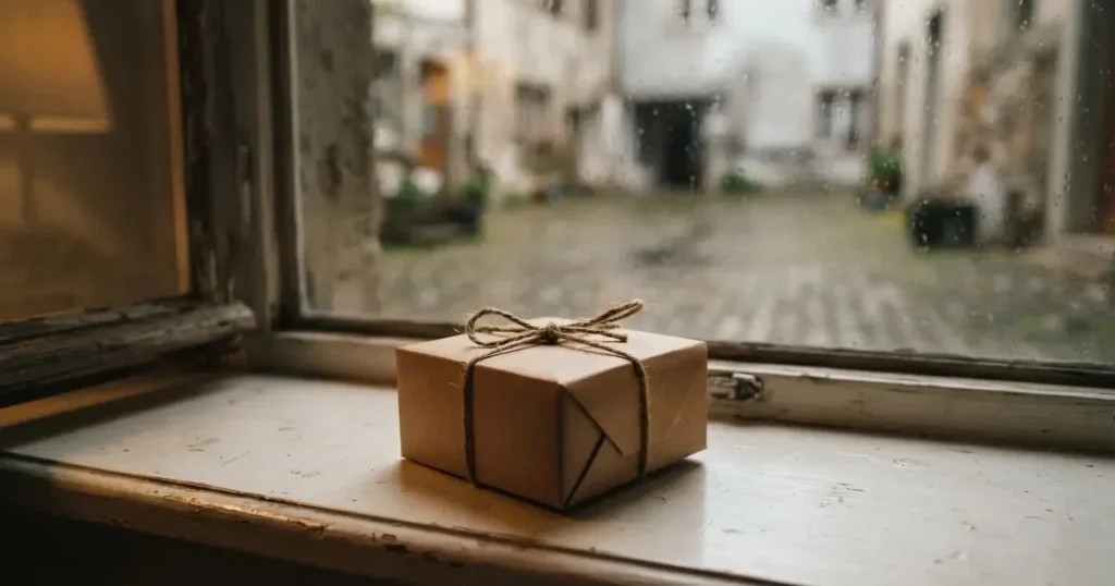 Eine kleine Pappschachtel, mit Schnur zugebunden, steht auf einem Fensterbrett, draussen ein verregneter Hinterhof.