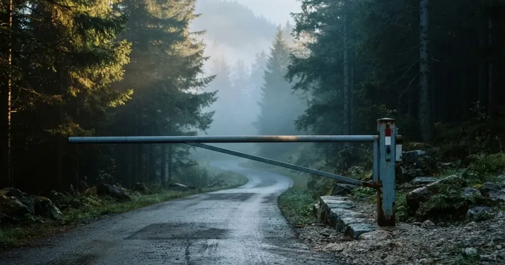 Ein geschlossener Schlagbaum an einer Landstrasse im Gebirge, Morgennebel steht zwischen den Tannen.