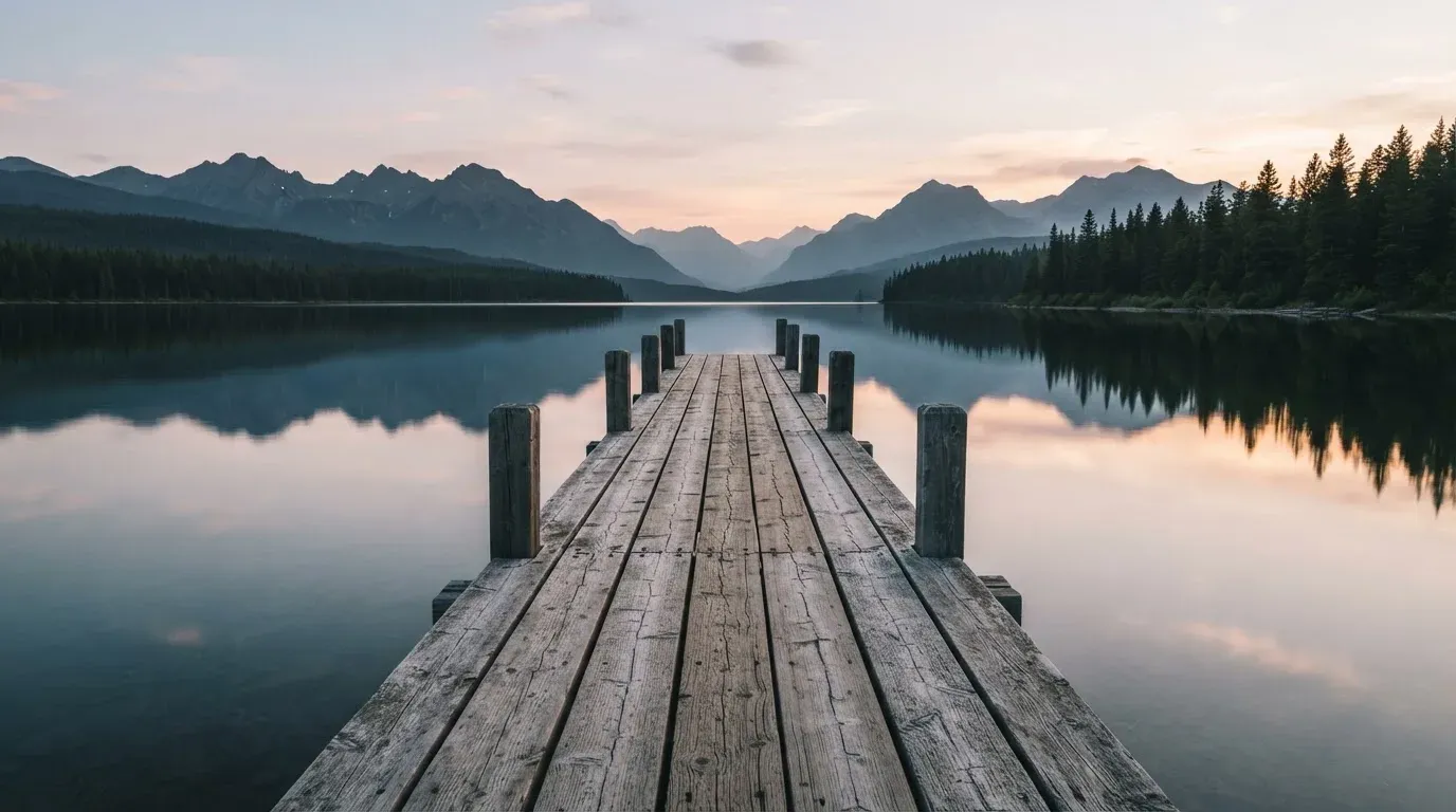 Ein leerer Holzsteg ragt am Abend in einen ruhigen Bergsee, das Wasser spiegelt den Himmel.