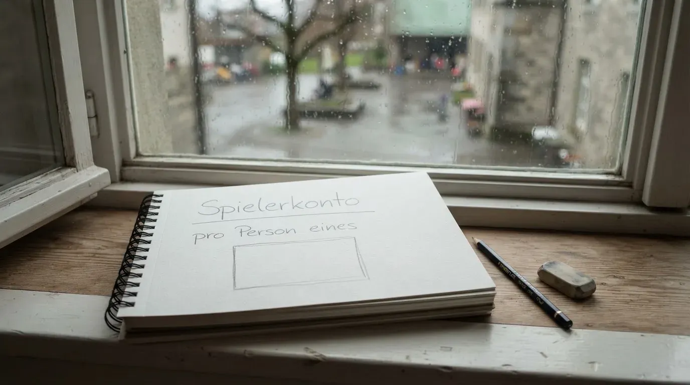 Ein Zeichenblock mit einem Bleistift und einem Radiergummi liegt auf einem Fensterbrett, draussen fällt Regen.