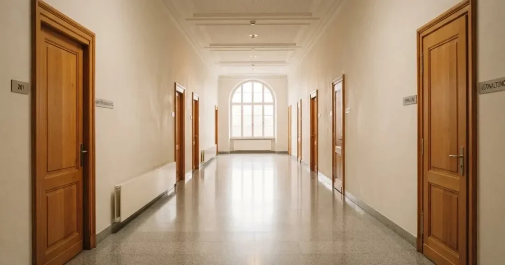 Ein langer Flur mit Holztüren und hellem Boden in einem ruhigen Verwaltungsgebäude, am Ende fällt Tageslicht durch ein Fenster.