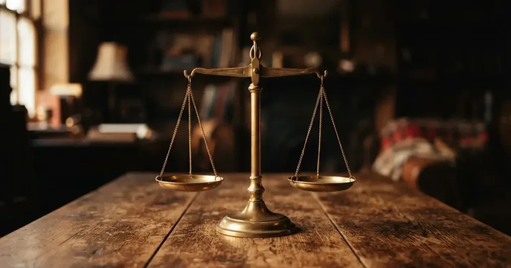Eine Balkenwaage aus Messing mit zwei leeren Schalen steht im Gleichgewicht auf einem Holztisch.