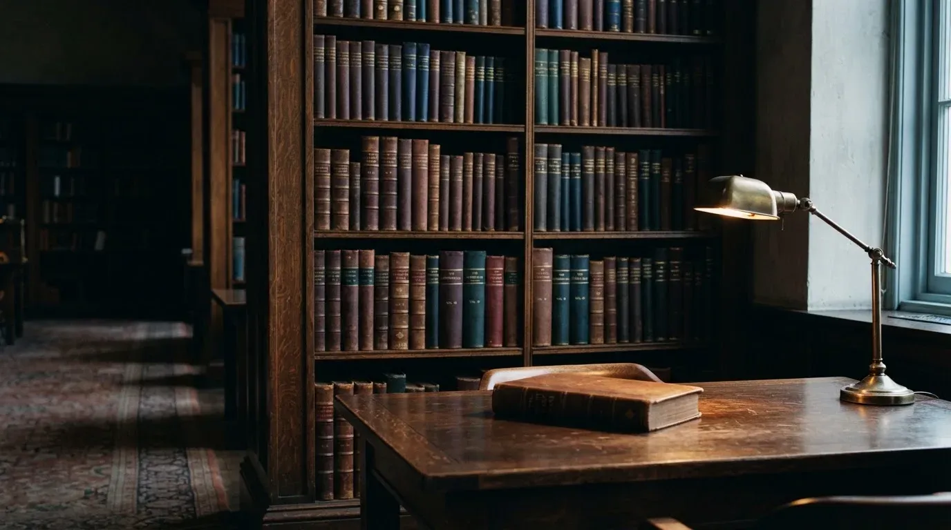 Ein Bücherregal mit ledergebundenen Bänden in dunklen Farben in einer stillen Bibliothek, davor ein Lesetisch.