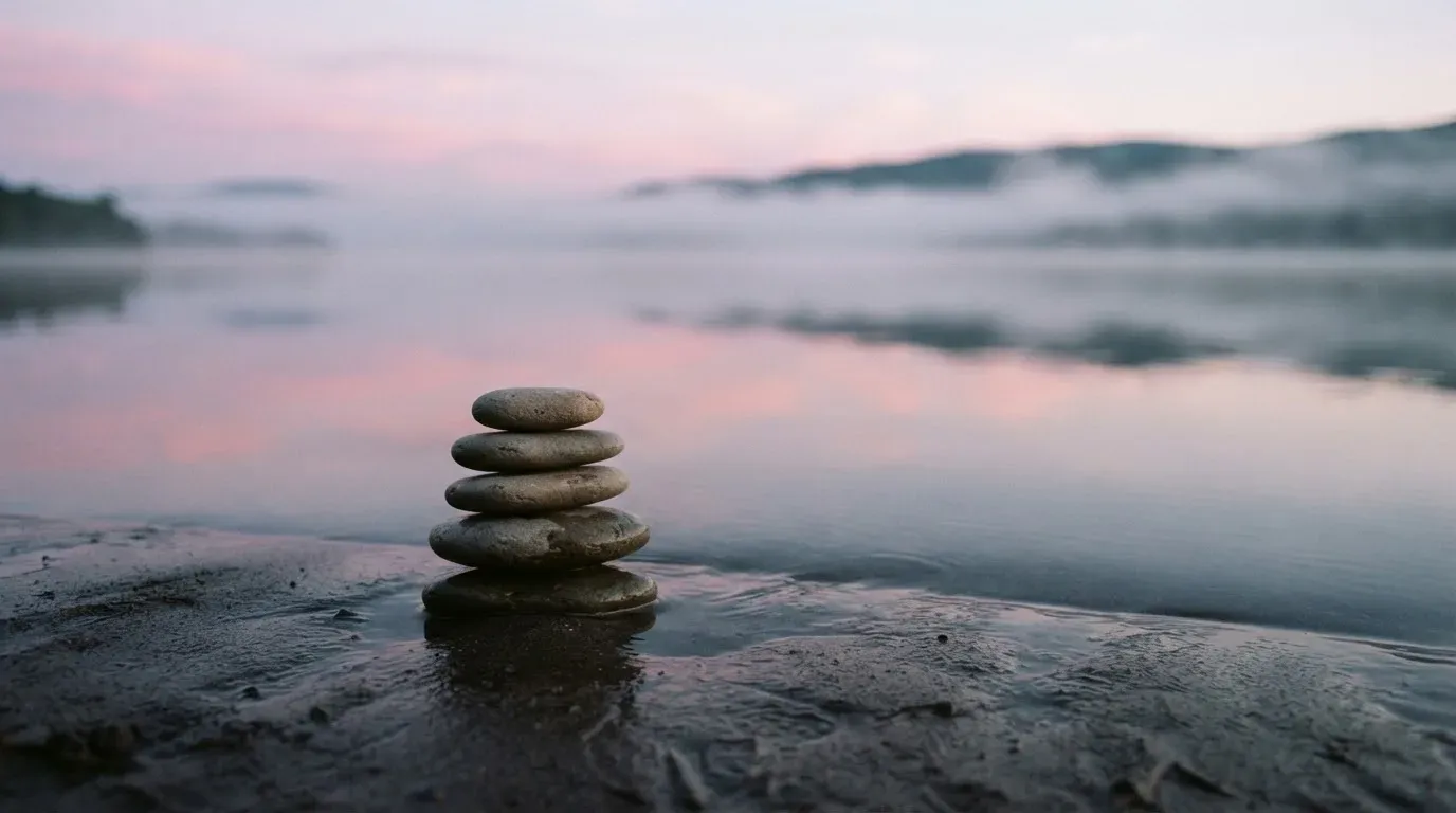 Ein Stapel flacher Kieselsteine liegt am Seeufer in der Morgendämmerung, das Wasser ist spiegelglatt.