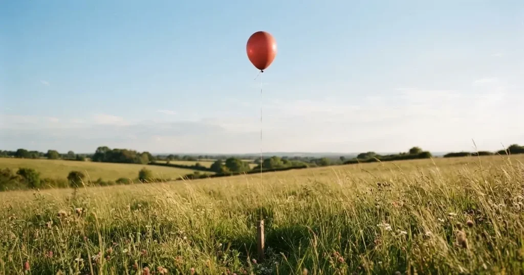Ein roter Luftballon schwebt an einer dünnen Schnur über einer Sommerwiese, der Himmel dahinter ist klar.