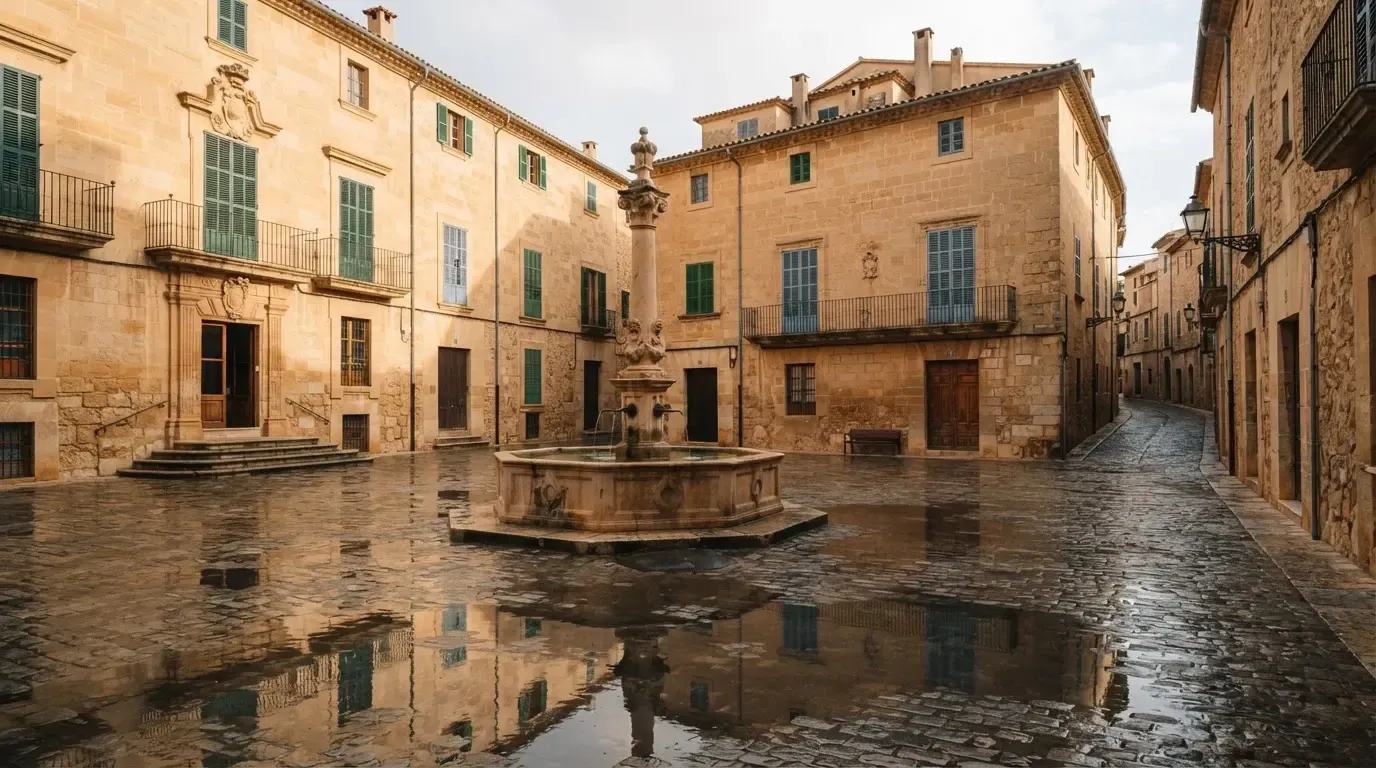 Ein Brunnen auf einem Altstadtplatz zwischen Sandsteinfassaden, nasses Kopfsteinpflaster nach einem Regenschauer.