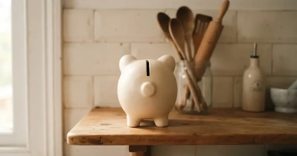 Ein Sparschwein aus Keramik steht auf einem Küchenregal neben einem Glas mit Holzlöffeln.