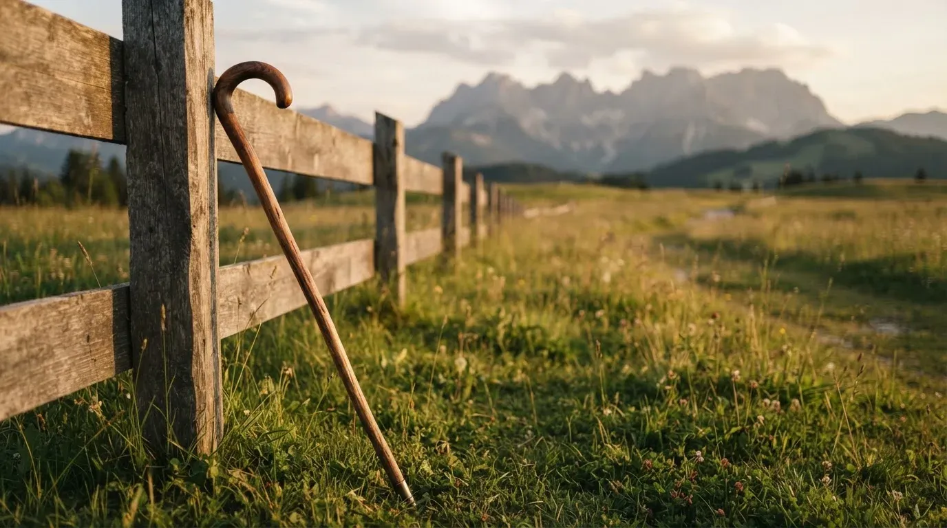Ein Wanderstock lehnt an einem Gartenzaun, dahinter erstreckt sich eine ruhige Alpwiese im Abendlicht.