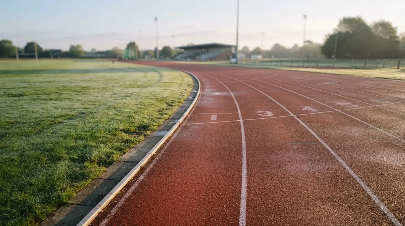 Eine leere Tartanbahn einer Leichtathletikanlage am frühen Morgen, Tau auf den Rasenflächen daneben und tiefstehende Sonne.