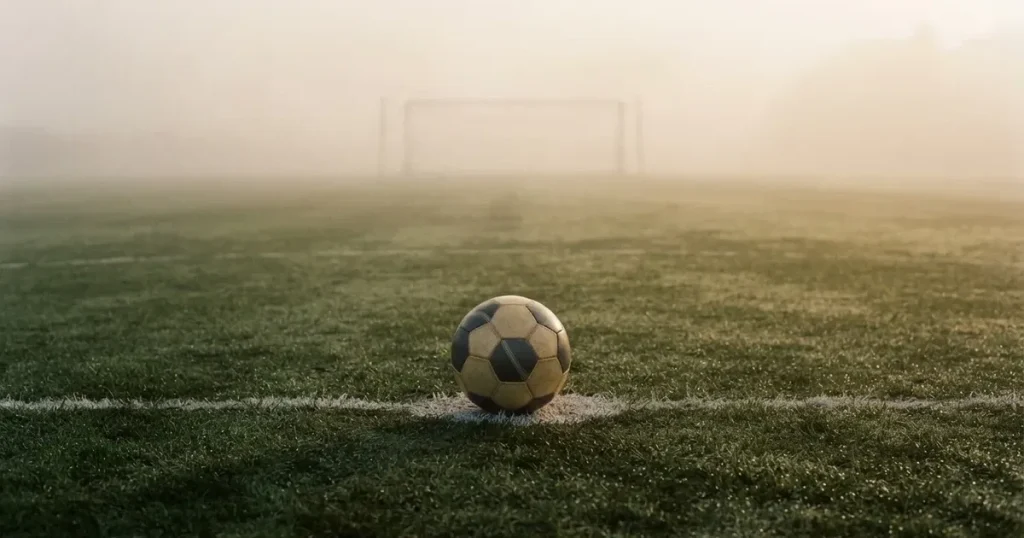 Ein Fussball liegt auf dem Anstosspunkt eines leeren Rasenplatzes im dichten Morgennebel.