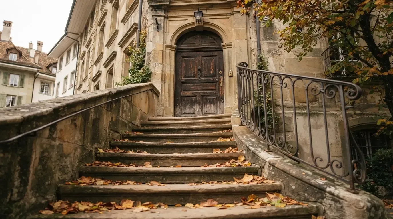 Eine Steintreppe mit Geländer führt zu einer hohen Holztür eines alten Gebäudes, Herbstlaub liegt auf den Stufen.