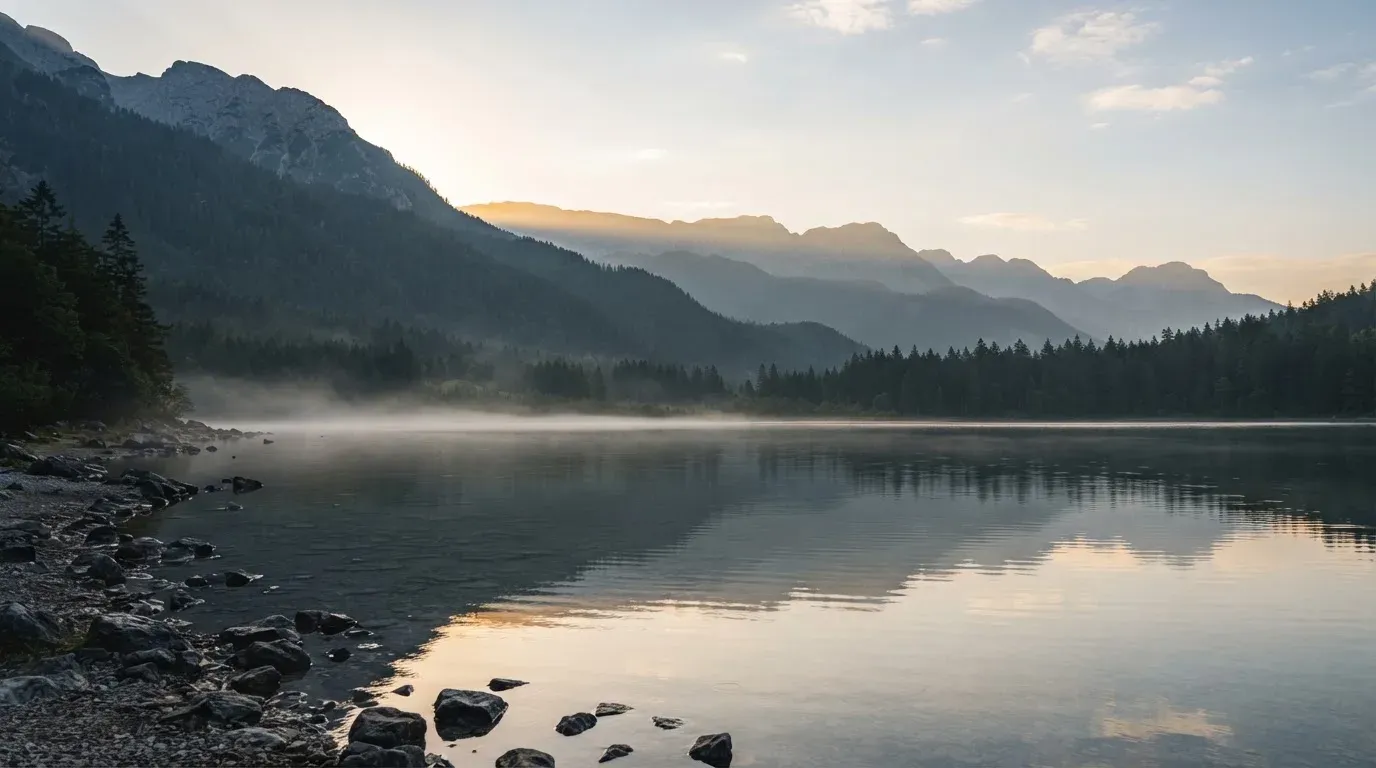 Ein ruhiger Bergsee mit Nebel am Ufer bei Sonnenaufgang, am Hang dahinter dunkle Tannen.