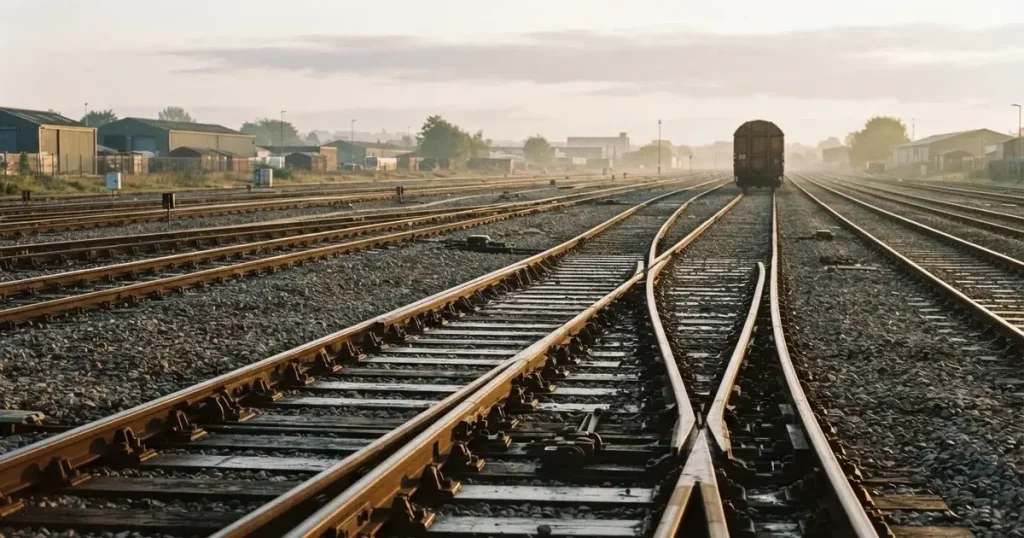 Ein Rangierbahnhof mit mehreren sich verzweigenden Gleisen und Weichen im Morgenlicht, in der Ferne steht ein Güterwagen.
