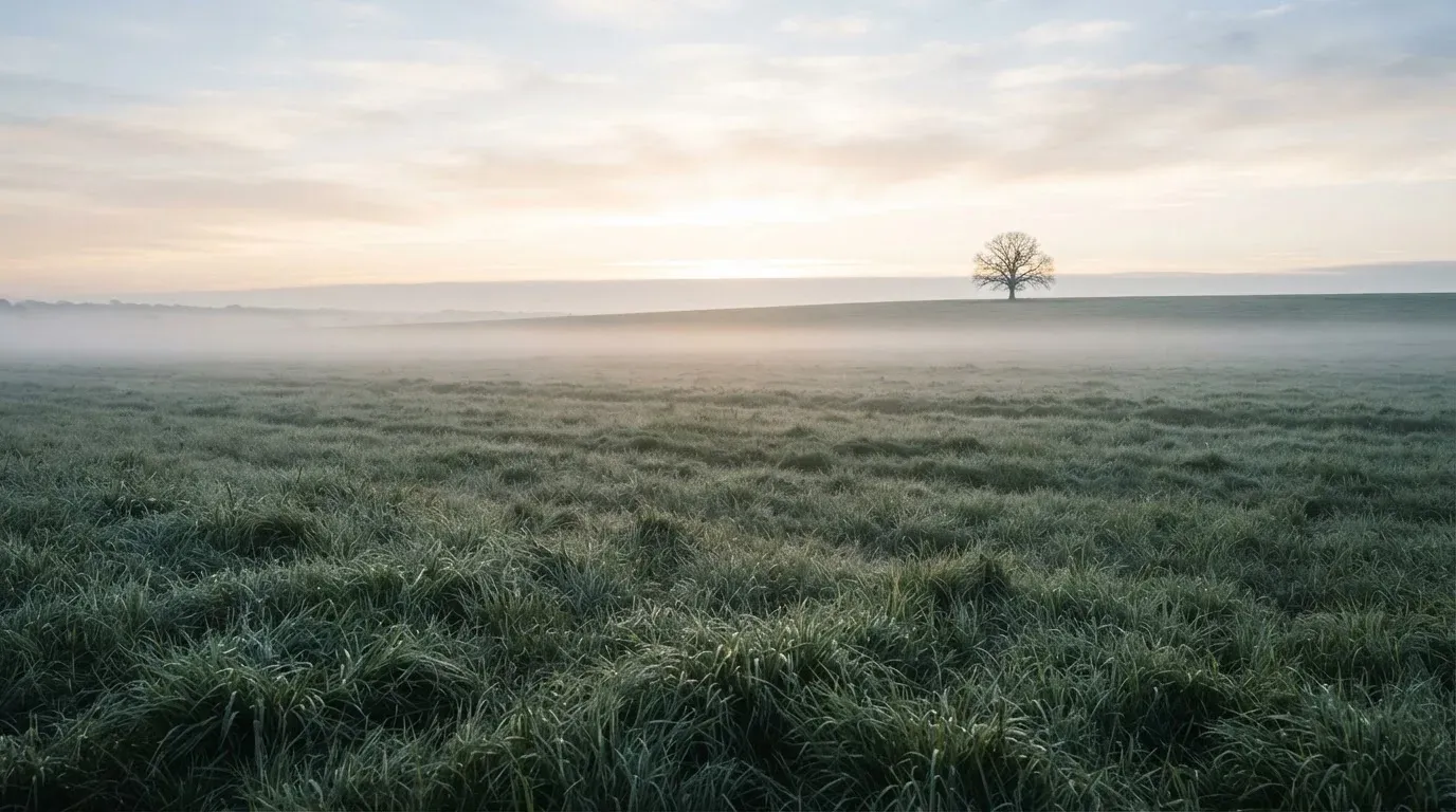 Eine Wiese mit Bodennebel am frühen Morgen, in der Ferne ein einzelner Baum vor hellem Horizont.